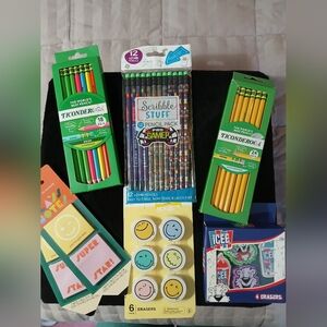 Lot Of Colored Pencils Game Pencils Post-Its & Icee Erasers